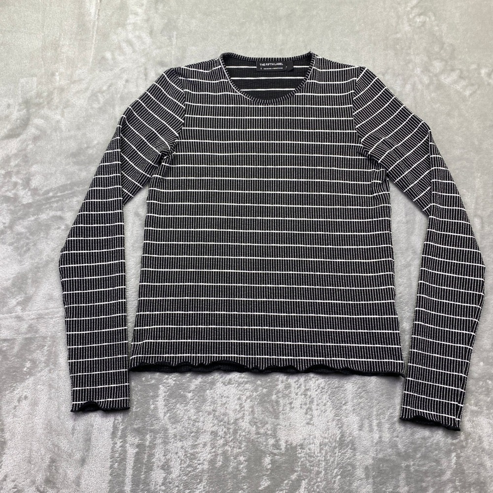 The Fifth Label Womens Black White Grid Lettuce Hem Long Sleeve‎ Top Small 7658